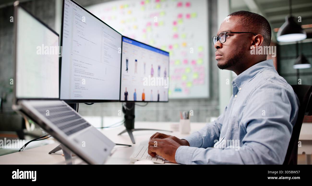 Man Coding Ecommerce Software On Multiple Monitors In Office Chair Stock Photo