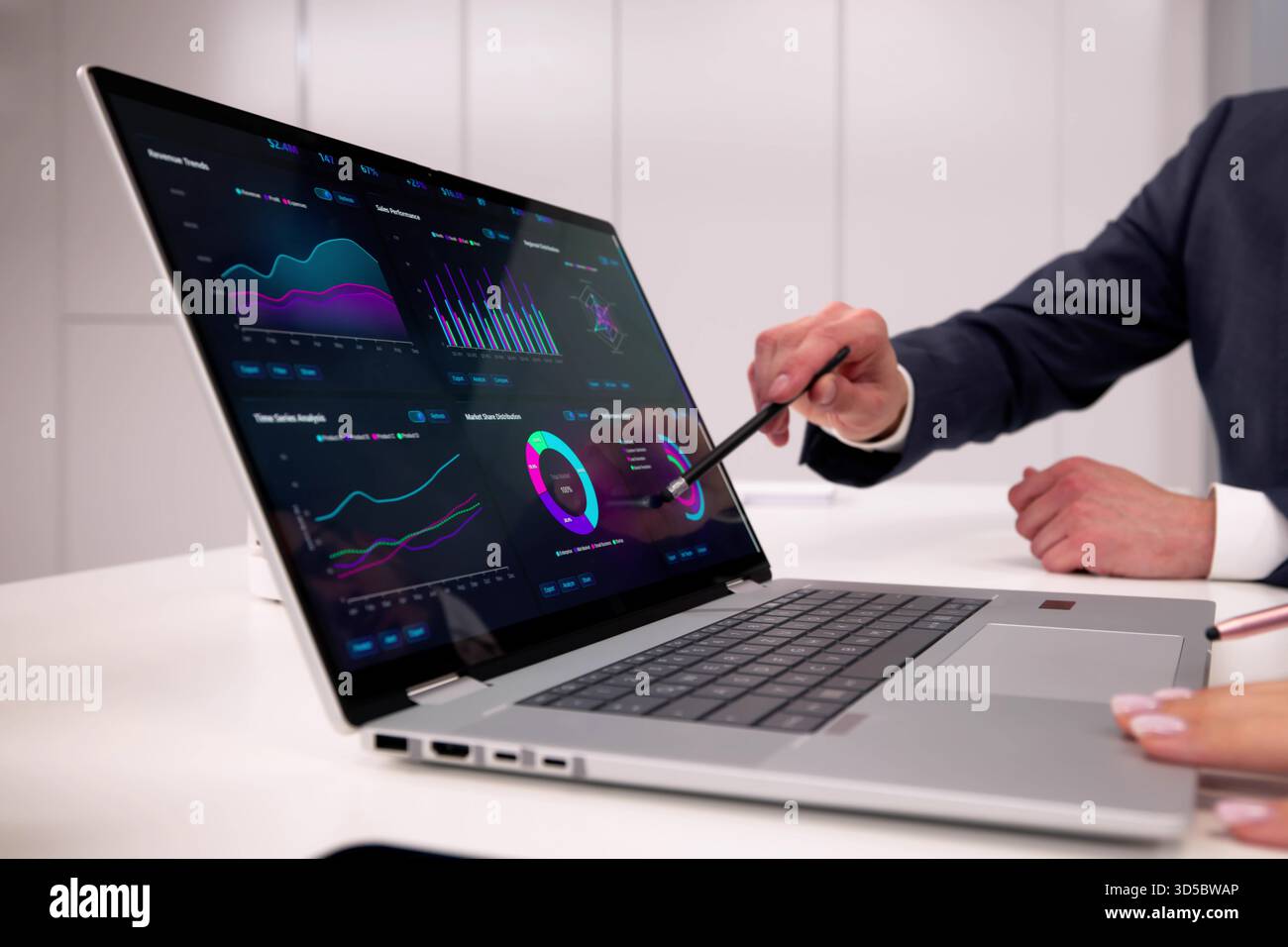 Financial Analysts Utilizing Dashboard Software On Laptop To Predict Market Stock Photo