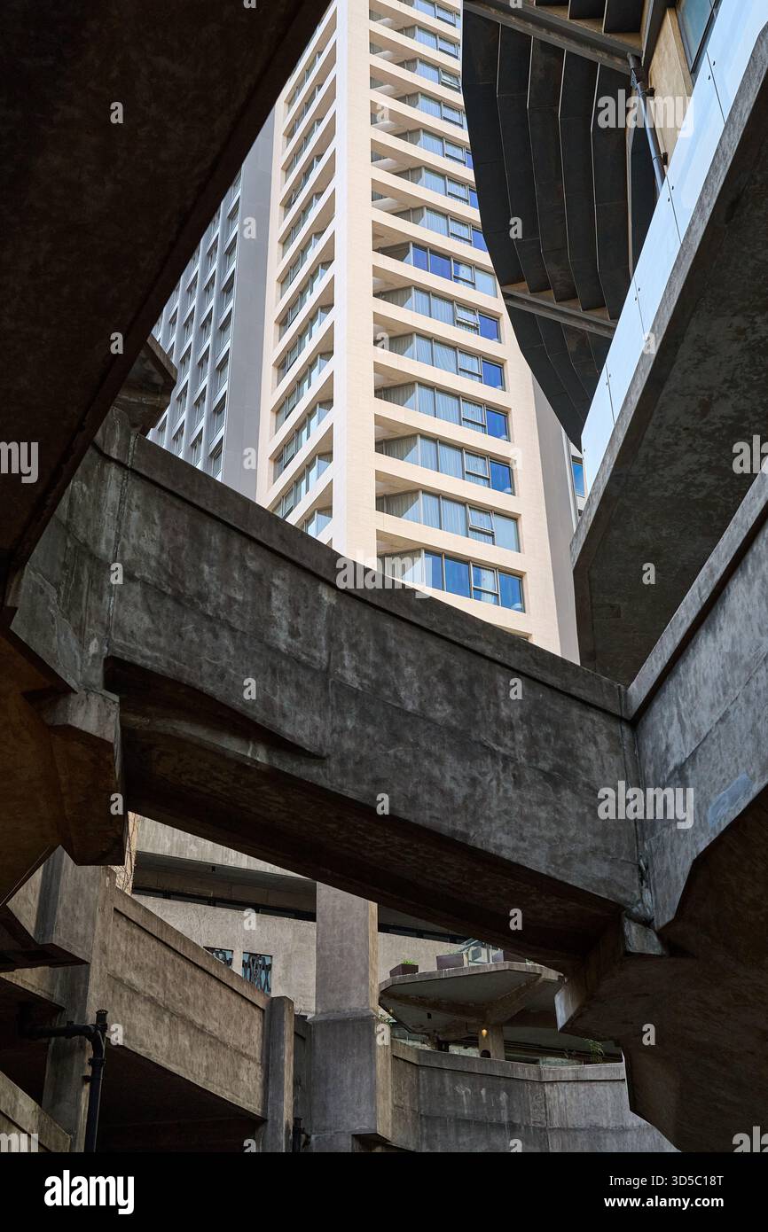 Concrete brutalist overpass, modernist architectural geometry, upward ...