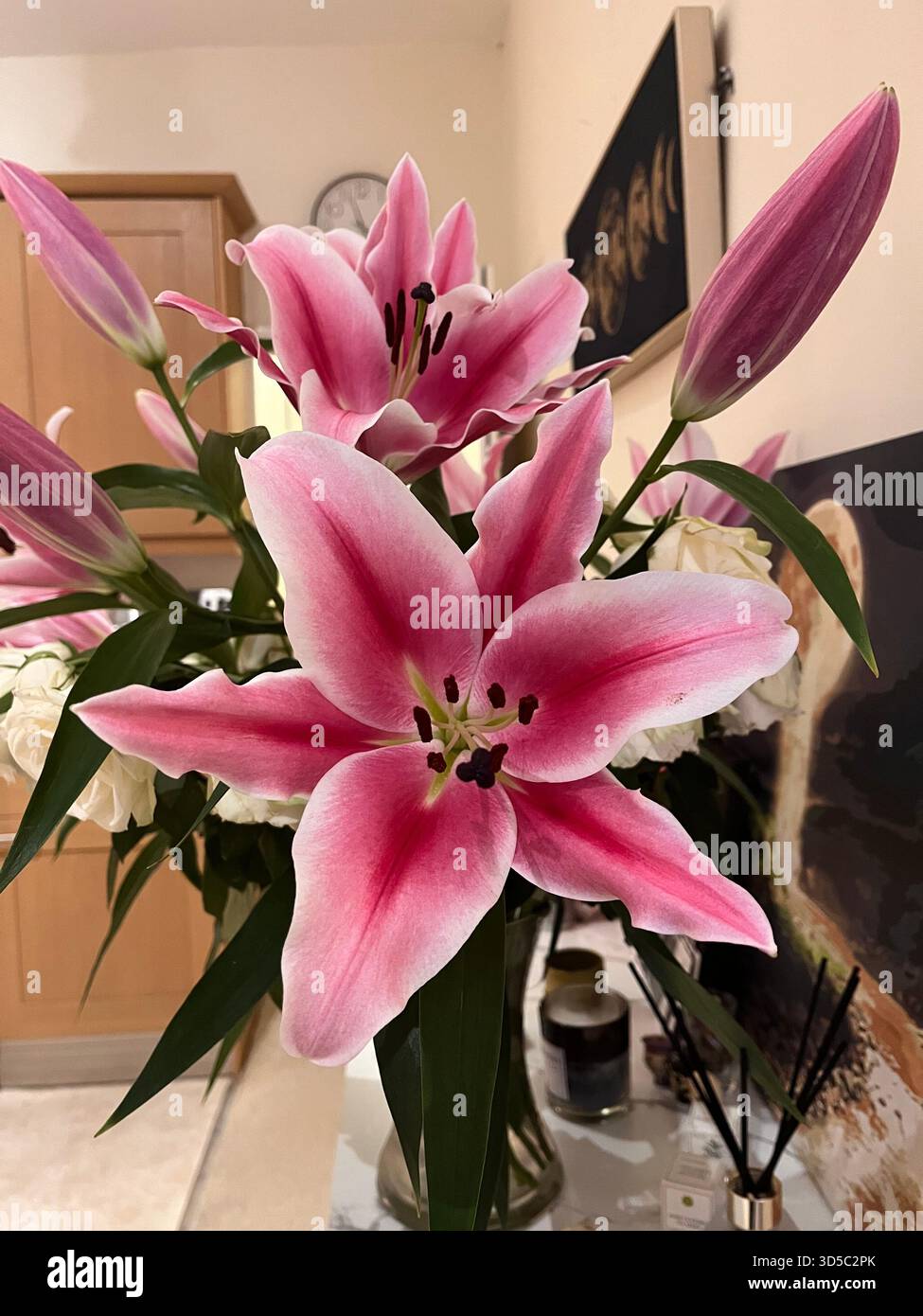 Fresh pink lilies in full bloom arranged in a vase indoors with soft natural light in a home in Hull, England. - Smartphone Captured Stock Image