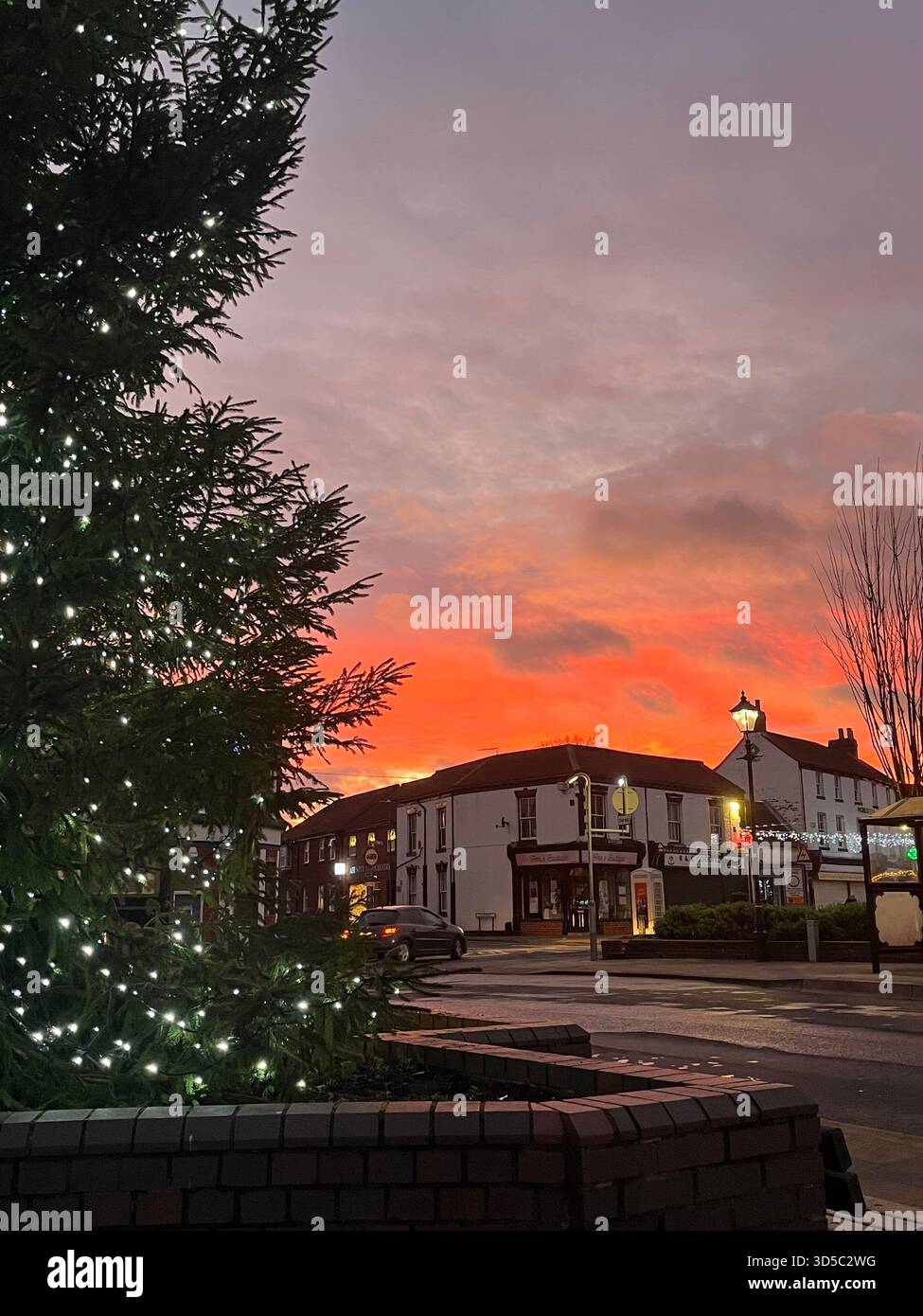 Outdoor view of a decorated Christmas tree with fairy lights against a vivid orange and pink sunset sky in Hull, England. Festive winter atmosphere - Smartphone Captured Stock Image