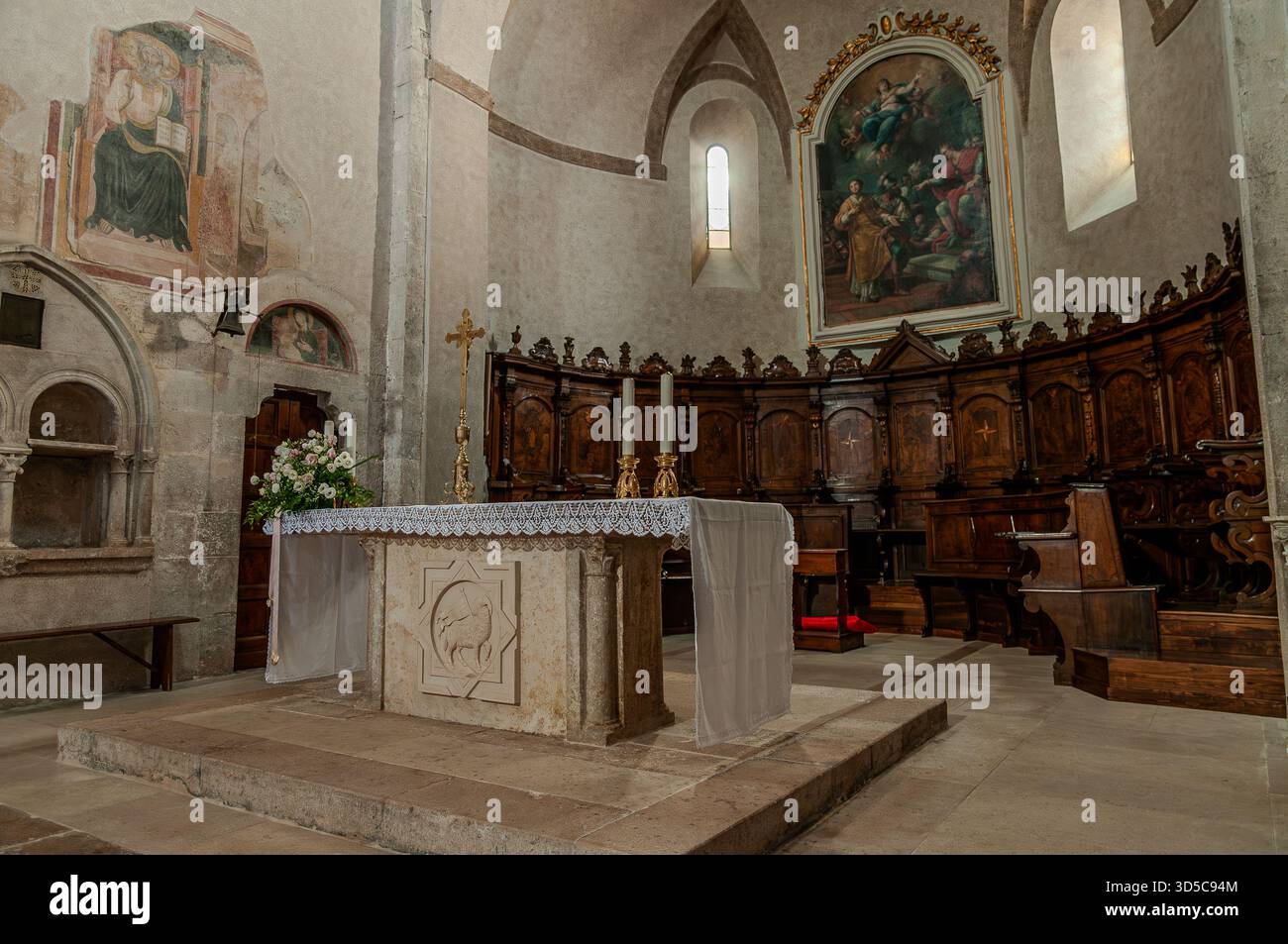 The Collegiate Church of Santa Maria Assunta in Amaseno is a church that houses the relics of Saint Lawrence, martyred in 258 AD. It is famous for the - Stock Image