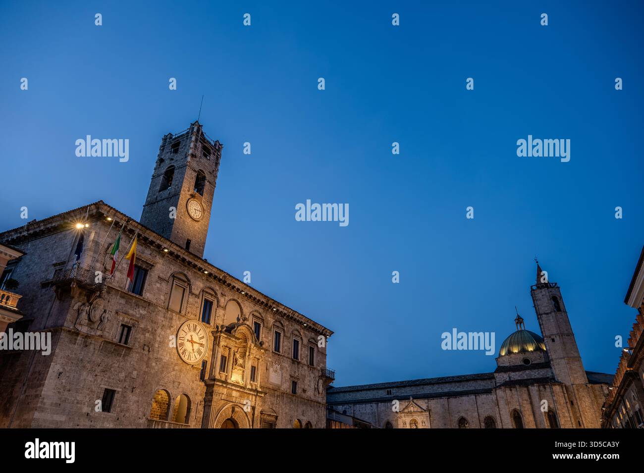 The Palazzo dei Capitani del Popolo is one of the best known historical buildings in Ascoli Piceno. With its medieval crenellated tower it rises next - Stock Image