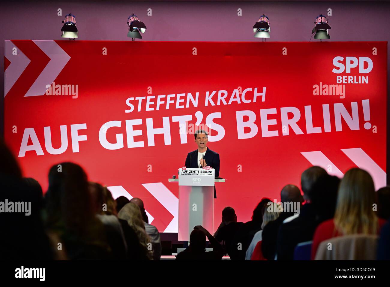 Berlin, Germany. 15th Nov, 2025. Steffen Krach, designated lead candidate of the SPD for the 2026 election to the Berlin House of Representatives, speaks during the state party conference of the SPD Berlin. The top candidate for the election to the Berlin House of Representatives on September 20, 2026 is to be chosen at the party conference. Credit: Sebastian Christoph Gollnow/dpa/Alamy Live News Stock Photo