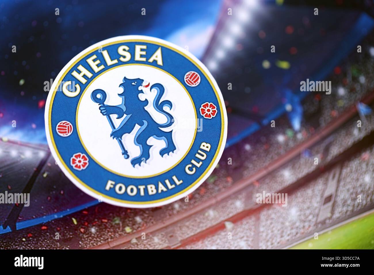 KYIV, UKRAINE - FEBRUARY 23, 2025 Chelsea FC football club badge lies ...