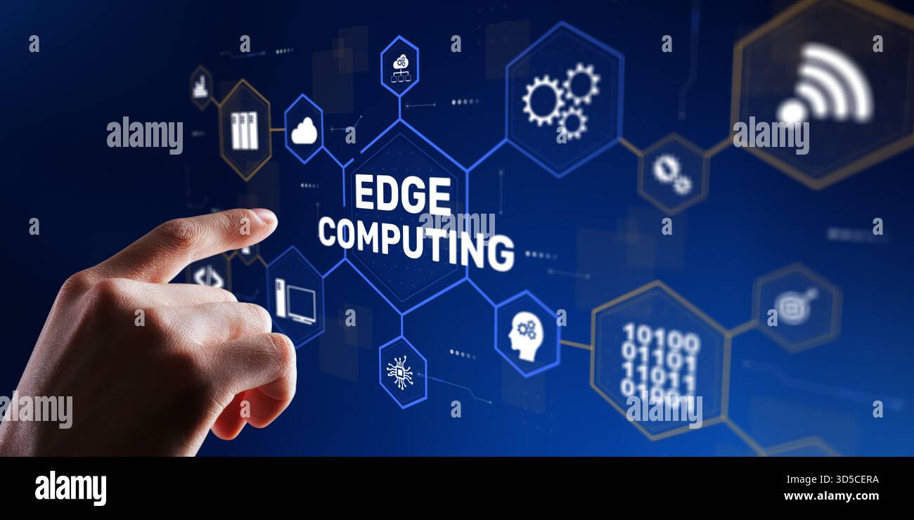 Edge computing technology with decentralized data processing and low-latency network solutions. Stock Photo
