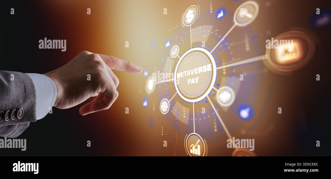 Futuristic metaverse payment system with digital currency and virtual transaction technology. Stock Photo