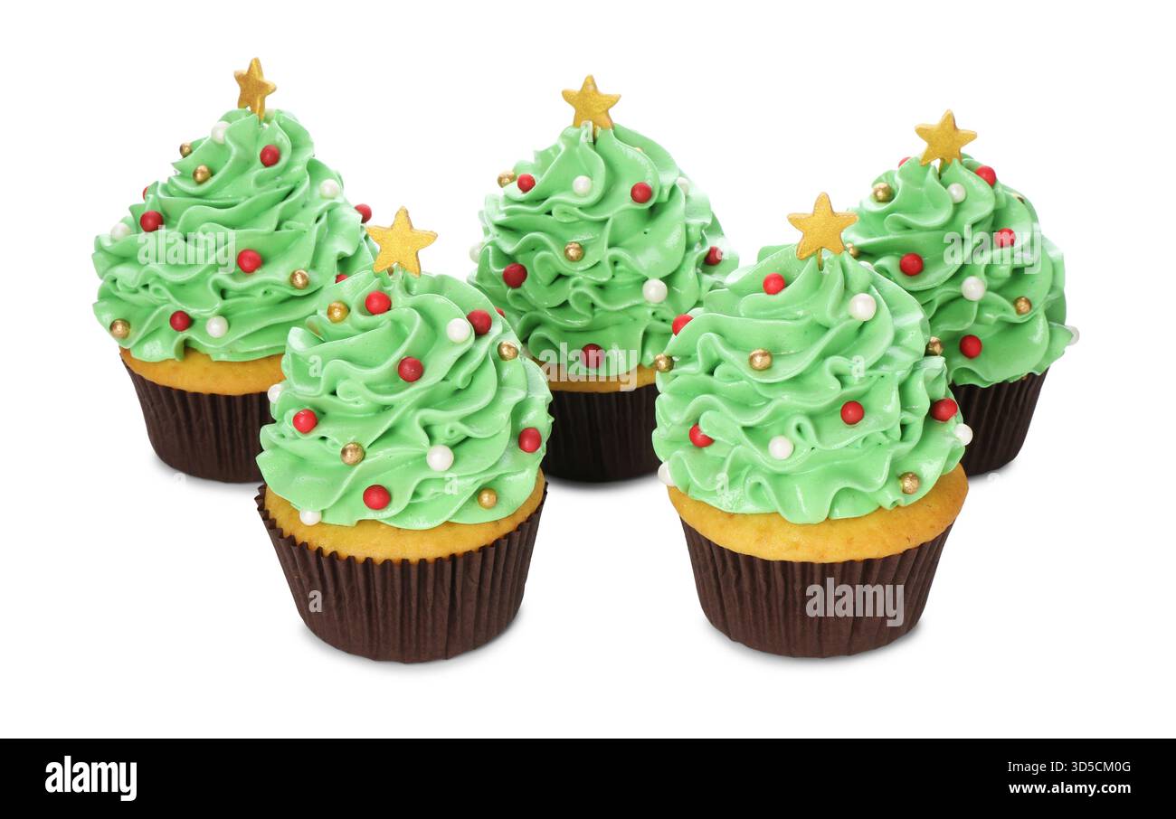 Christmas tree shaped cupcakes isolated on white Stock Photo