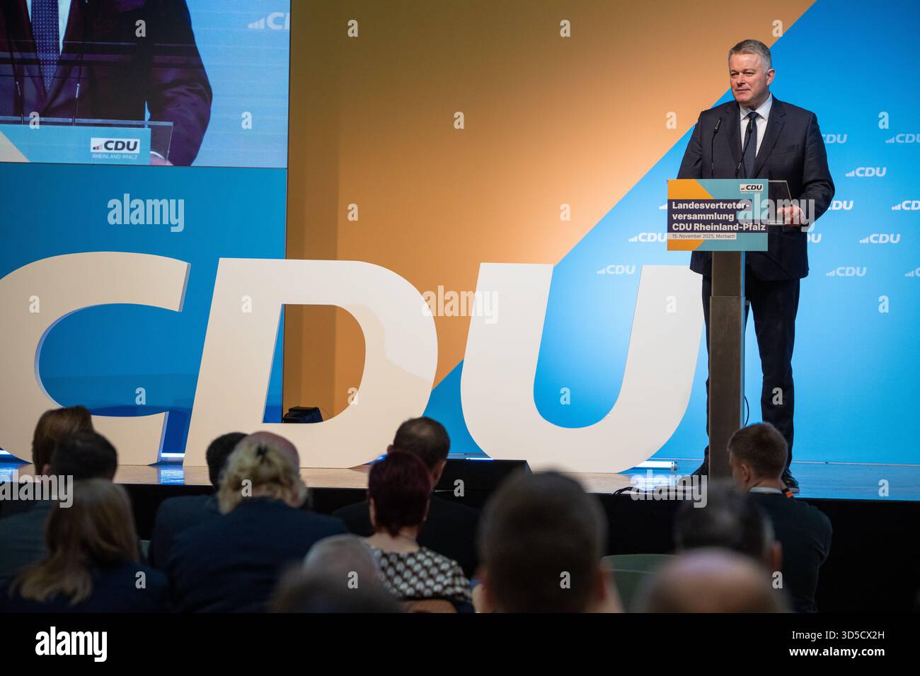 Morbach, Germany. 15th Nov, 2025. Gordon Schnieder, party chairman of the CDU Rhineland-Palatinate, speaks at the Rhineland-Palatinate CDU state party conference. The program of the delegates' meeting includes the list of candidates for the 2026 state elections in Rhineland-Palatinate. Credit: Harald Tittel/dpa/Alamy Live News Stock Photo