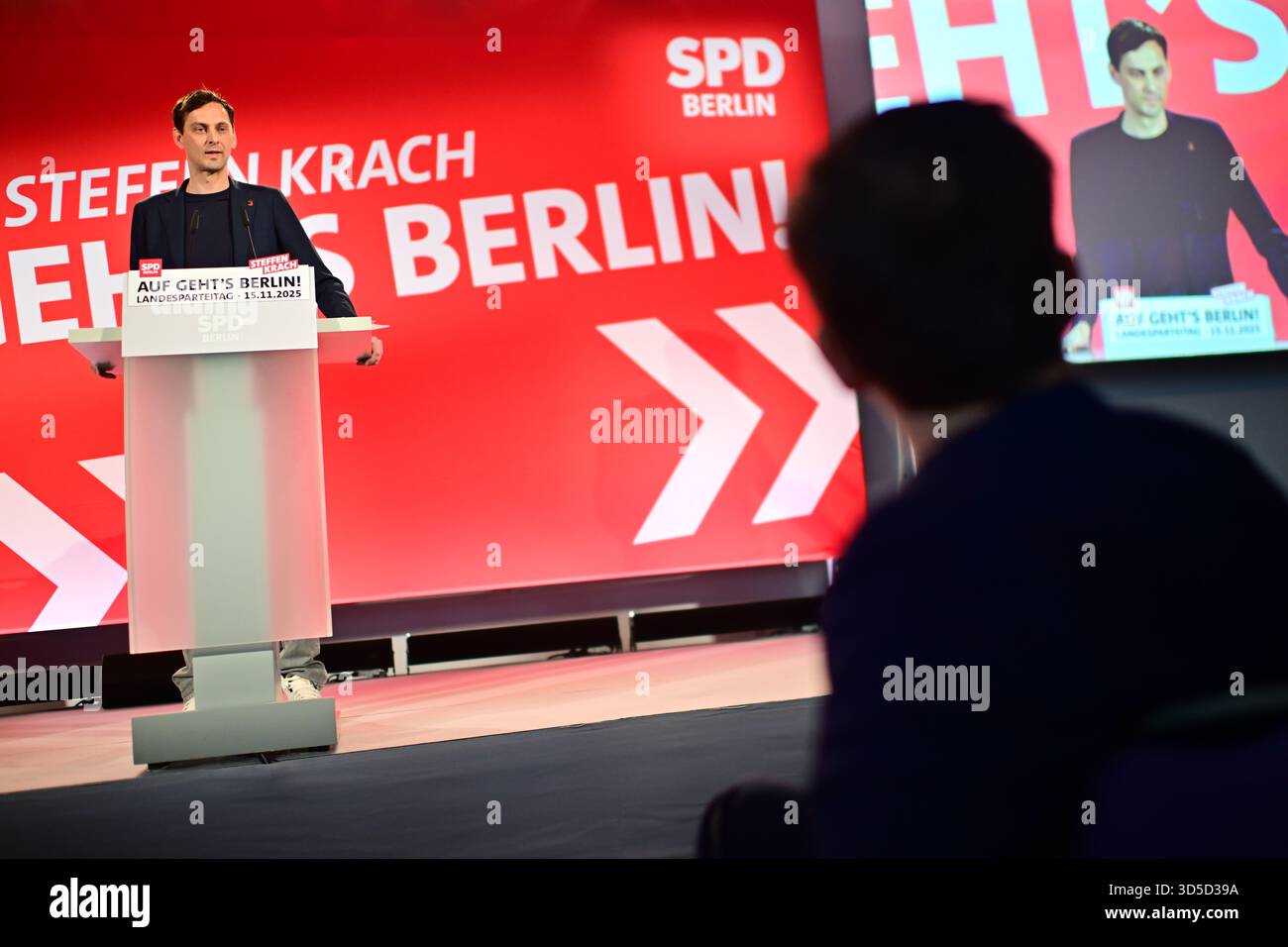 Berlin, Germany. 15th Nov, 2025. Martin Hikel (SPD), Chairman of the SPD Berlin and District Mayor of Neukölln, speaks during the state party conference of the SPD Berlin. The top candidate for the election to the Berlin House of Representatives on September 20, 2026 is to be chosen at the party conference. Credit: Sebastian Christoph Gollnow/dpa/Alamy Live News Stock Photo