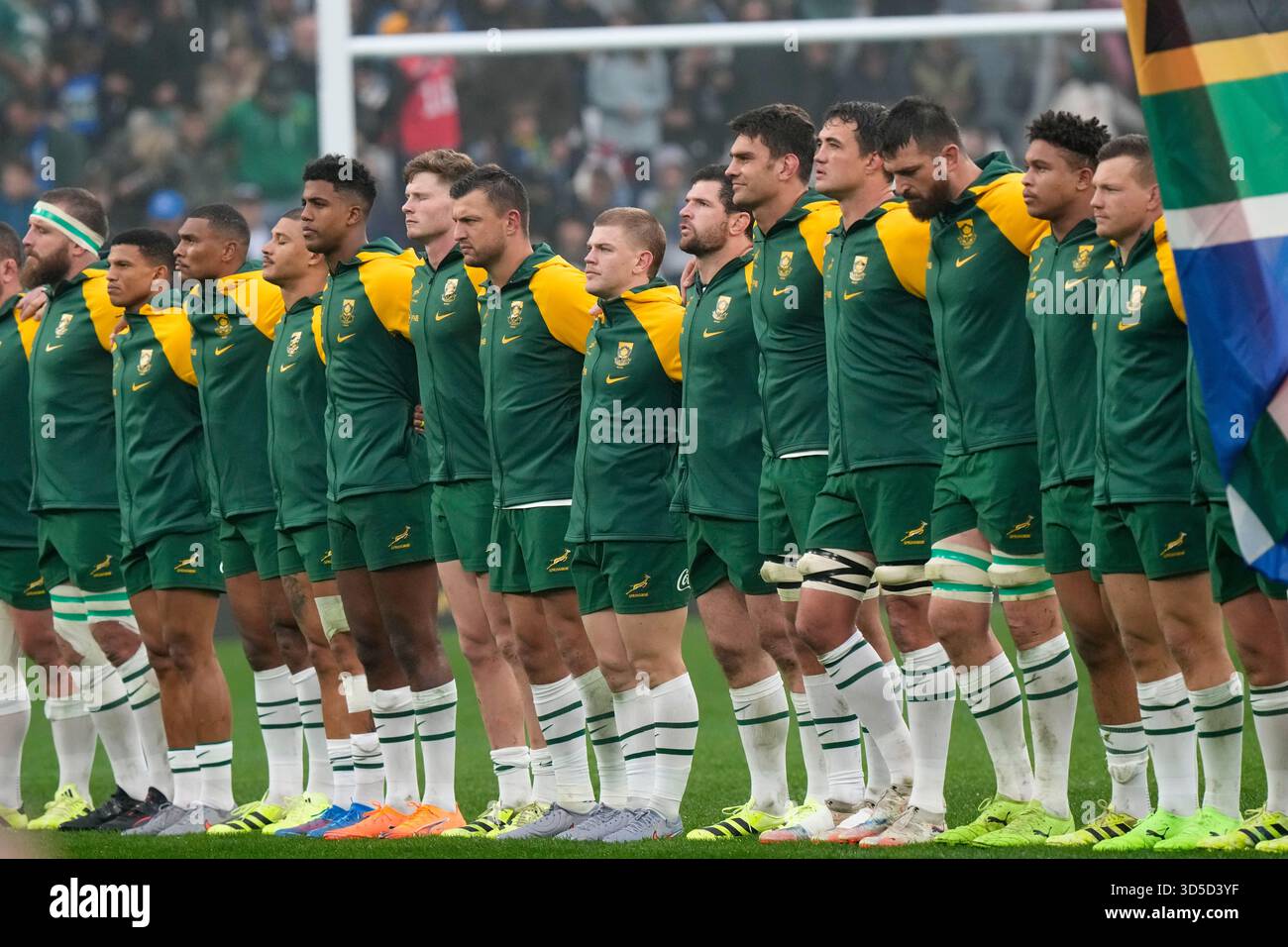 South African players line-up for the anthems ahead of the rugby union ...