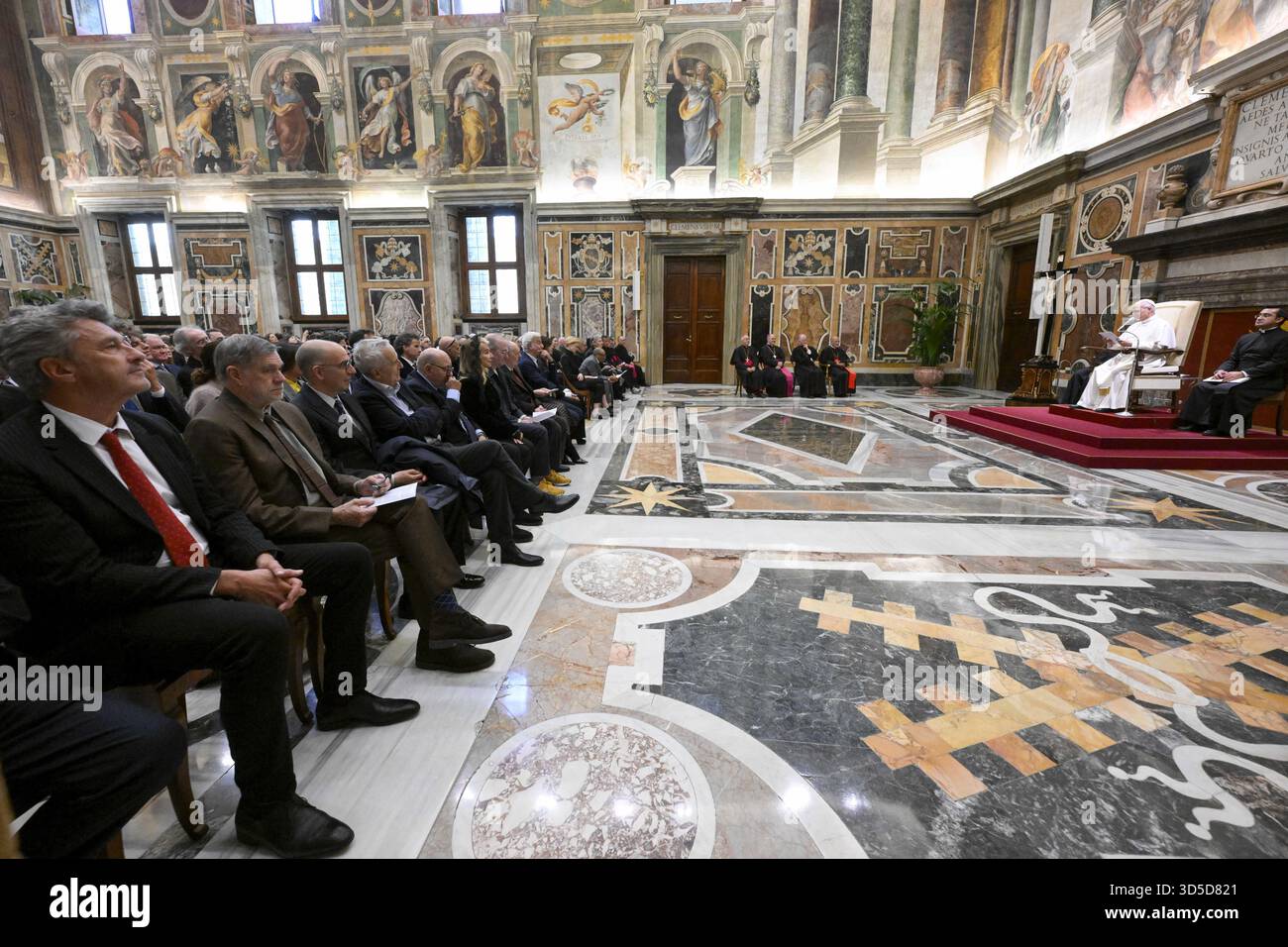 Pope Leo XIV meets actors, filmmakers, directors and scriptwriters for an audience in the Clementine Hall at the Vatican on November 15, 2025. The Vatican's Apostolic Palace was filled with actors, actresses, filmmakers, and script writers on Saturday morning as Pope Leo XIV met with members of the World of Cinema. Nearly 130 years after the first film premiered in Paris in 1895, the Pope highlighted the ongoing importance of film. Pope Leo expressed his gratitude for what cinema represents: “a popular art in the noblest sense, intended for and accessible to all.” More than just entertainment, Stock Photo
