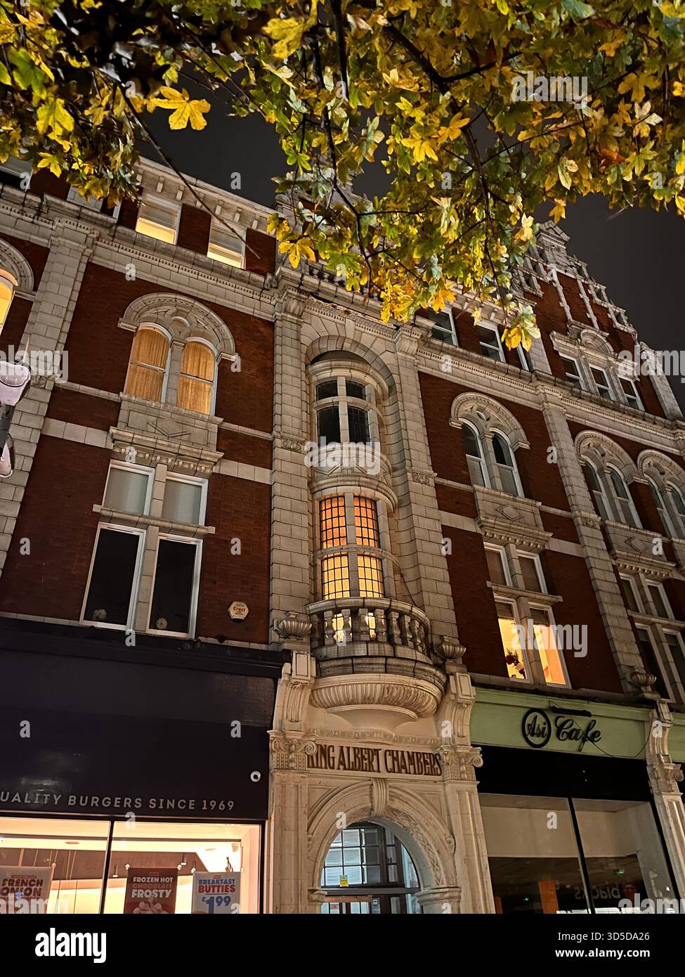 Detailed view of an elegant historic building with decorative stonework and arched windows in Hull, England, partially framed by autumn leaves. - Smartphone Captured Stock Image