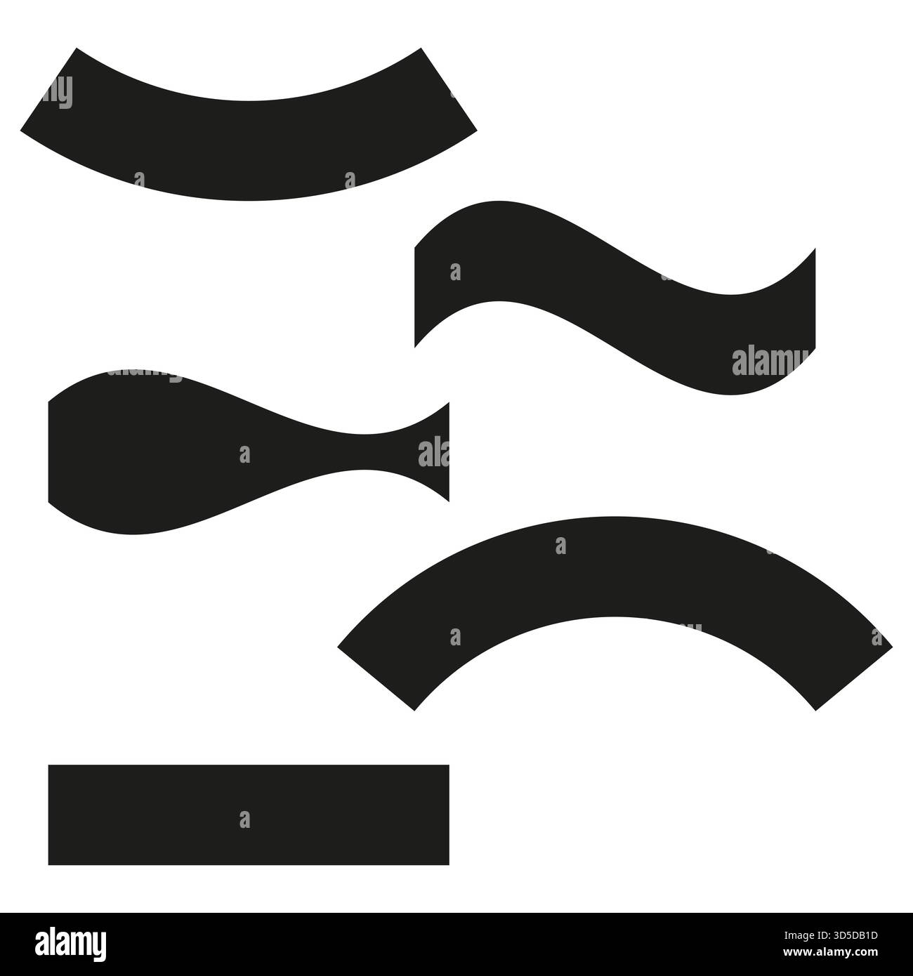 Five abstract shapes. Curved graphic elements. Simple black Vector forms. Wavy banner collection. EPS 10. Stock Vector