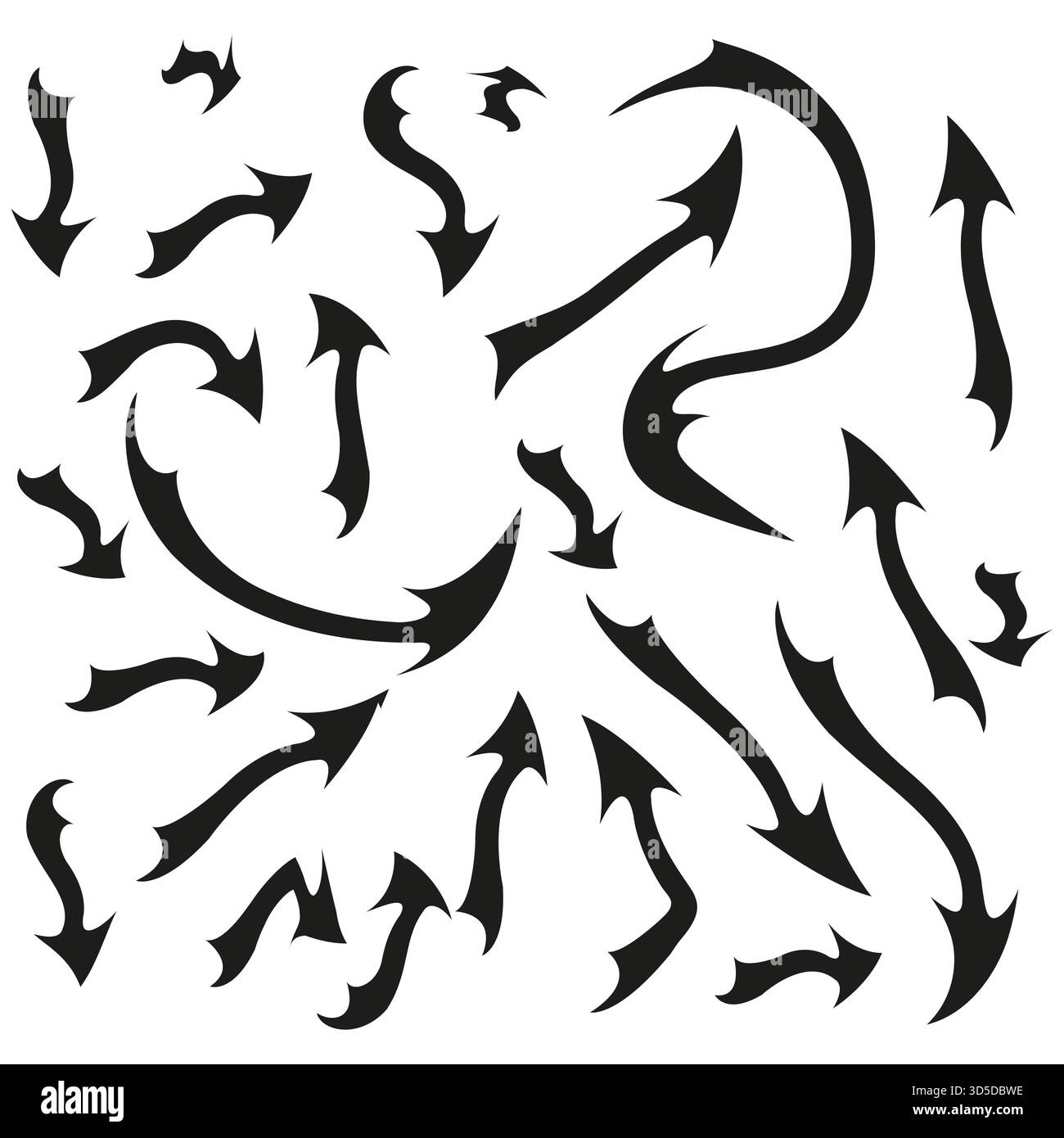 Curved arrow symbols. Devil tail element. Black Vector pointers. Dynamic direction icons. EPS 10. Stock Vector
