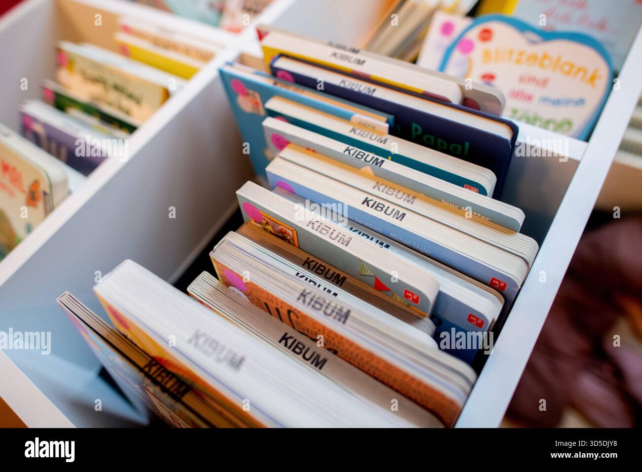 Oldenburg, Germany. 15th Nov, 2025. Numerous children's books lie on a shelf in the PFL cultural center at the KIBUM children's and young adult book fair. The 51st edition of the children's book fair in Oldenburg opens on 15.11.2025 with the program 'Body and Soul: KIBUM moves!'. Credit: Hauke-Christian Dittrich/dpa/Alamy Live News Stock Photo