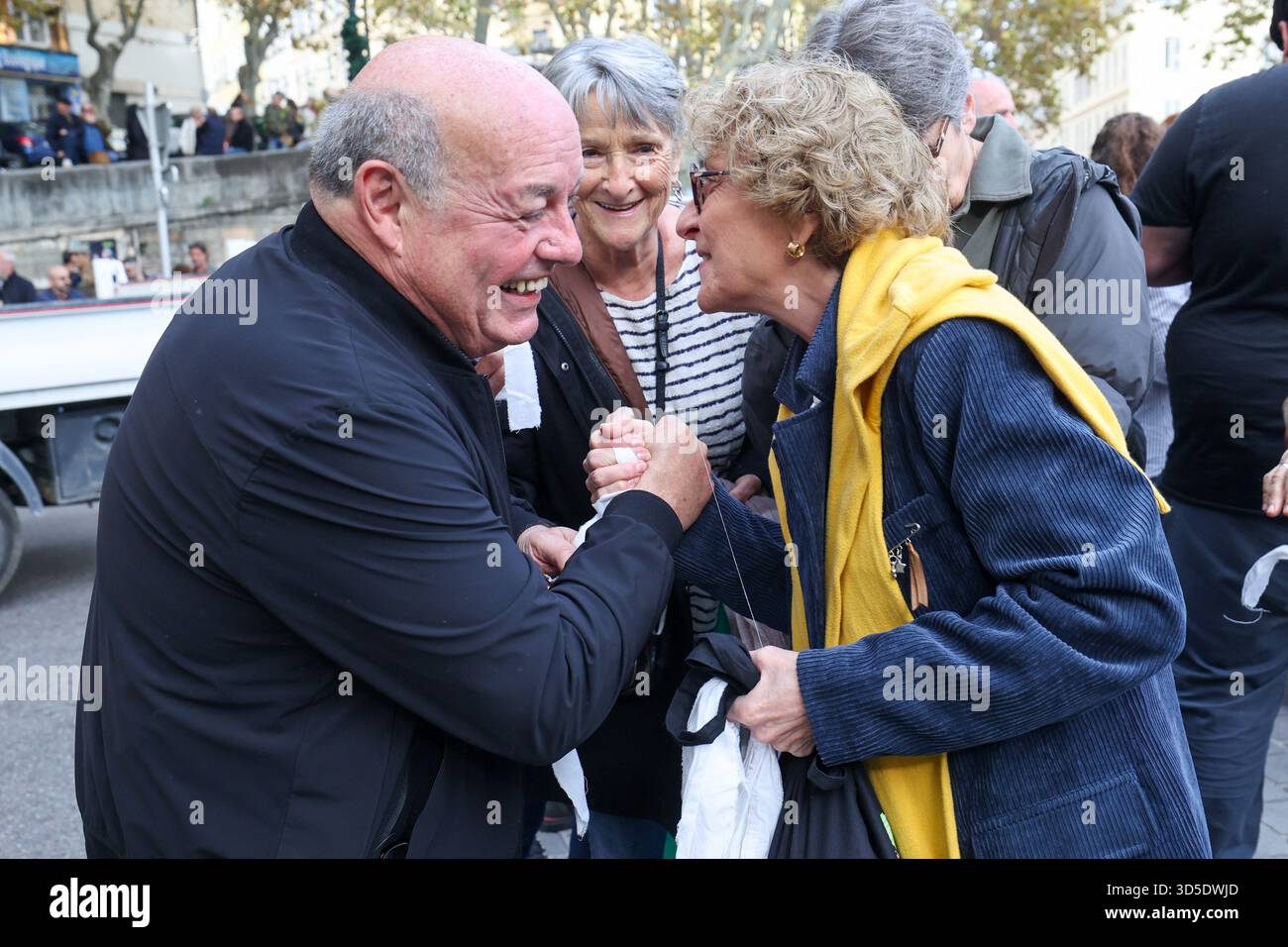 Retired politician Leo Battesti during the anti-mafia demonstration in Corsica. Collectives and unions member of the 'anti-Mafia coordination' demonstrate against organized crime in Bastia, Corsica, France on Saturday, November 15, 2025. The new movement, called 'anti-mafia coordination,' was created to broaden the fight against organized crime throughout Corsican society aiming to show their 'rejection of mafia control,' in line with the resolution and deliberation against 'abuses' and 'mafia practices' voted by the Corsican Assembly in November 2022 and February 2025. At the same time, the U Stock Photo