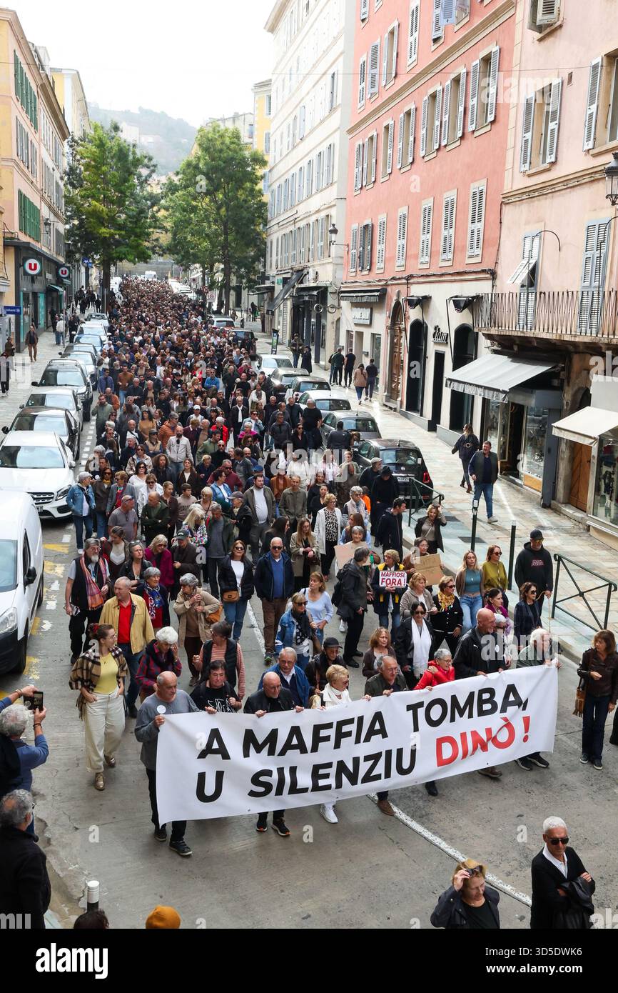 Collectives and unions member of the 'anti-Mafia coordination' demonstrate against organized crime in Bastia, Corsica, France on Saturday, November 15, 2025. The new movement, called 'anti-mafia coordination,' was created to broaden the fight against organized crime throughout Corsican society aiming to show their 'rejection of mafia control,' in line with the resolution and deliberation against 'abuses' and 'mafia practices' voted by the Corsican Assembly in November 2022 and February 2025. At the same time, the Umani Foundation is inviting the population to wear white on Saturday, November 1 Stock Photo