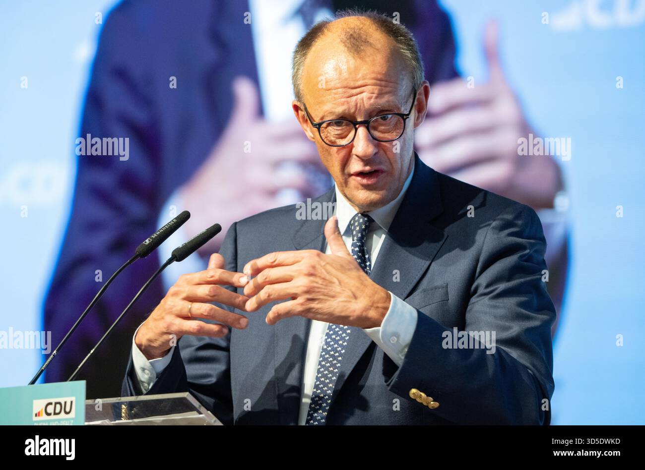 Morbach, Germany. 15th Nov, 2025. Chancellor Fridrich Merz (CDU) speaks at the state party conference of the Rhineland-Palatinate CDU. Among other things, the delegates elected the list of candidates for the 2026 state elections. Credit: Harald Tittel/dpa/Alamy Live News Stock Photo