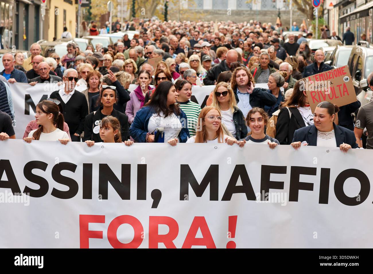 Collectives and unions member of the 'anti-Mafia coordination' demonstrate against organized crime in Bastia, Corsica, France on Saturday, November 15, 2025. The new movement, called 'anti-mafia coordination,' was created to broaden the fight against organized crime throughout Corsican society aiming to show their 'rejection of mafia control,' in line with the resolution and deliberation against 'abuses' and 'mafia practices' voted by the Corsican Assembly in November 2022 and February 2025. At the same time, the Umani Foundation is inviting the population to wear white on Saturday, November 1 Stock Photo