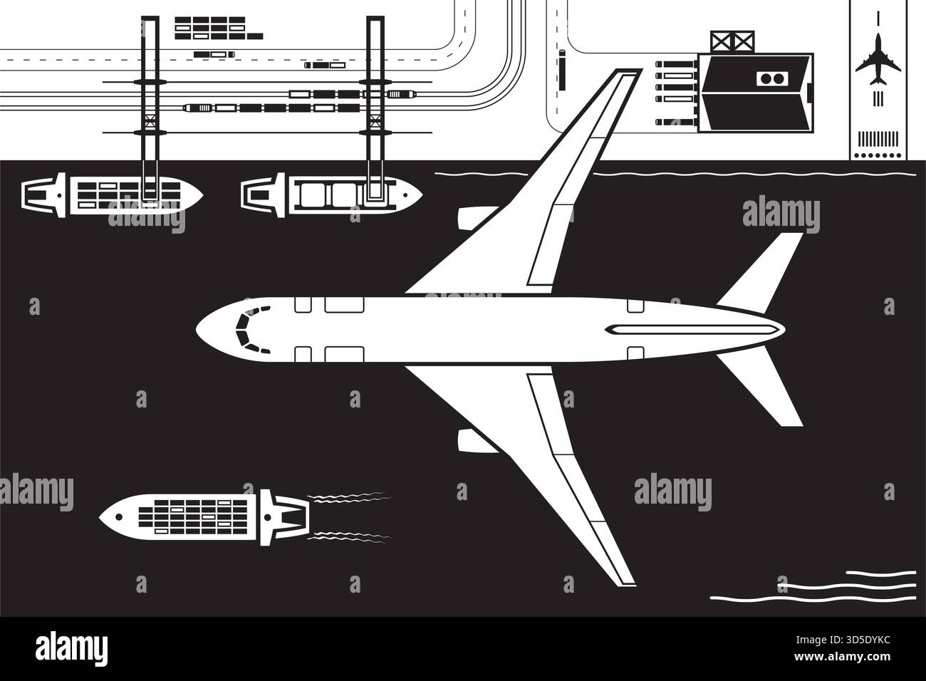 Cargo plane flying over sea freight terminal - vector illustration Stock Vector