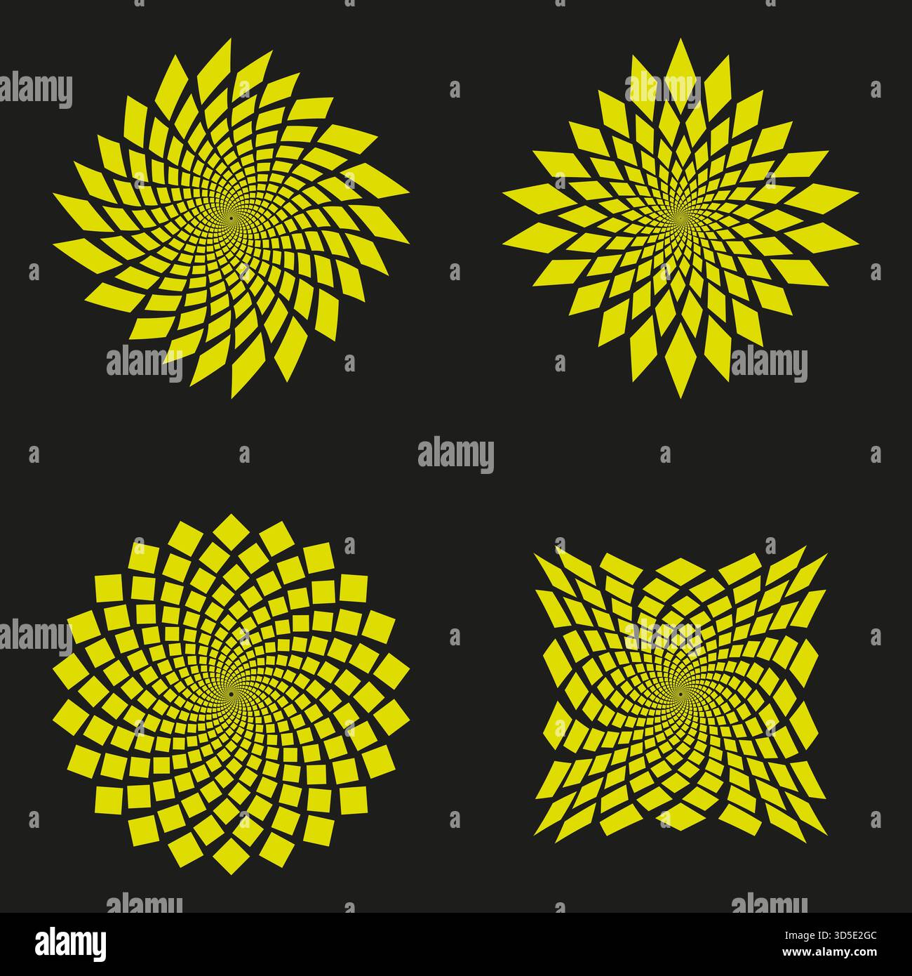 Yellow spiral patterns. Abstract rotating forms. Dynamic sun burst. Vector geometric illustration. EPS 10. Stock Vector