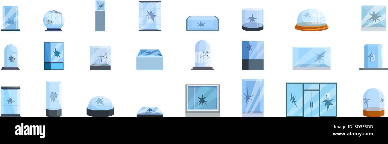 Broken glass showcase icons set. Different types of broken glass ...