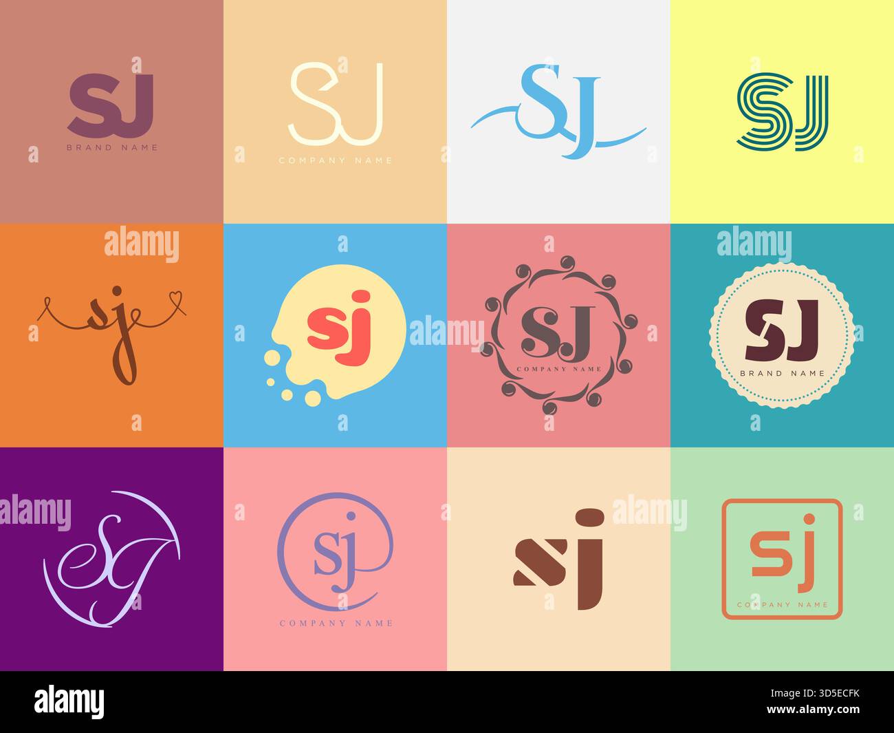 SJ logo company template. Letter s and j logotype. Set different classic serif lettering and modern bold text with design elements. Initial font typog Stock Vector