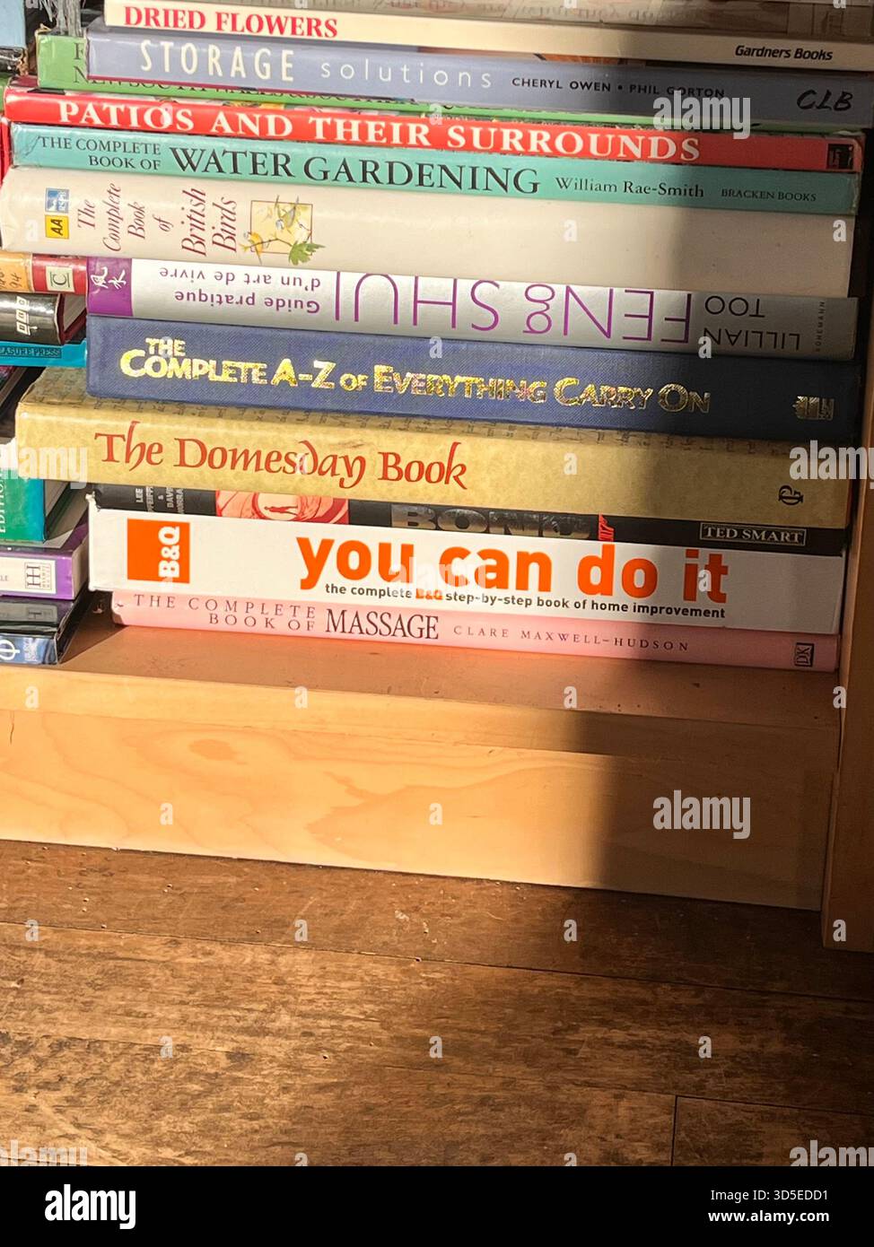 A close-up view of a neatly arranged stack of gardening, home organisation, and lifestyle books placed on a wooden shelf. - Smartphone Captured Stock Image