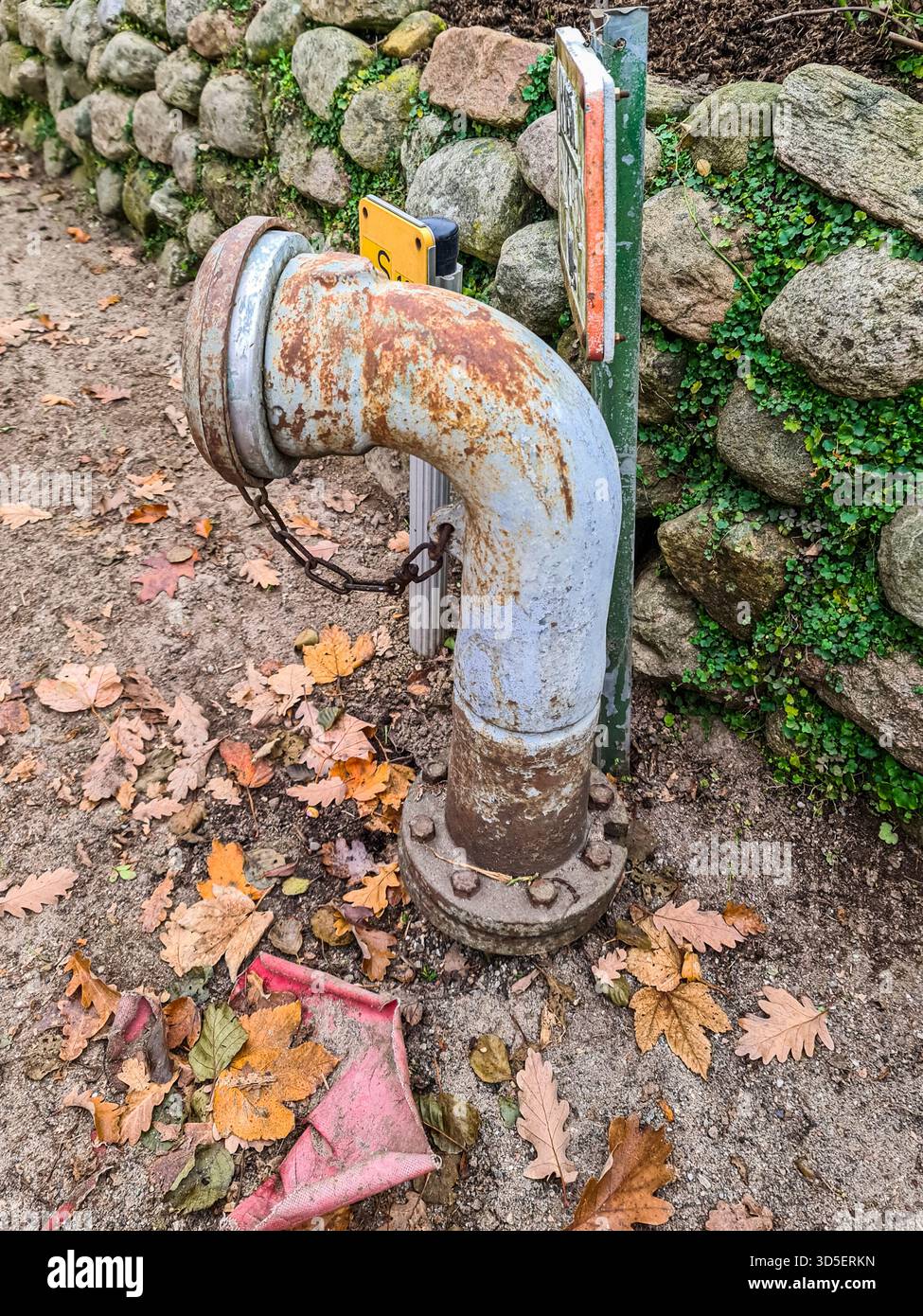 Rusty industrial pipe with a chain and bolts emerging from the ground, surrounded by colorful autumn oak leaves, contrasting with a weathered stone wa Stock Photo