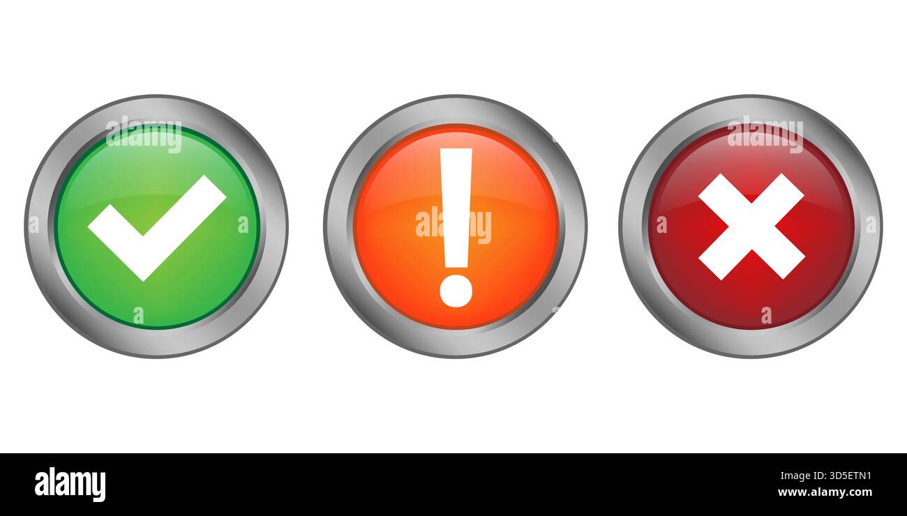 Choice button icon. Approval check symbol. Warning exclamation mark. Stock Vector