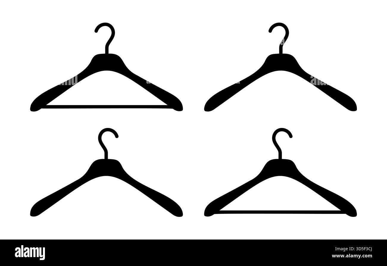 Hanger wardrobe icons. Set of cloakroom black silhouette pictogram ...