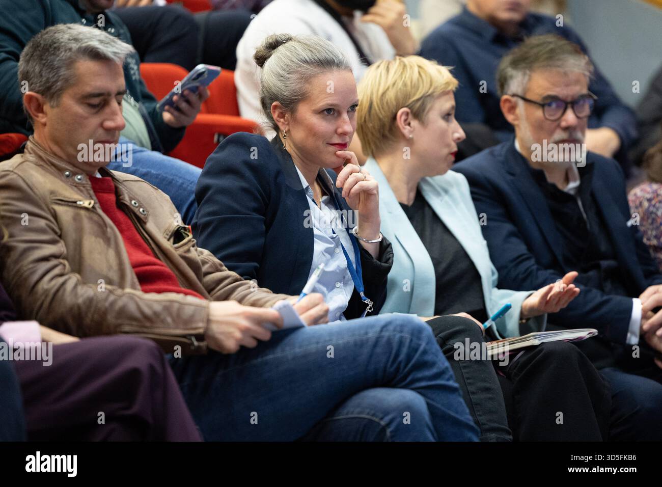 Ecologiste et Social's MP Francois Ruffin, French deputy and general secretary of the french socialist party Olivier Faure, French civil servant and economist associated with the Socialist Party Lucie Castets, Ecologiste et Social's MP Clementine Autain during a convention of the Front Populaire 2027 (Popular Front 2027), focused on education in Trappes, outside Paris on November 15, 2025. The united left, which is advocating a joint candidate for the 2027 presidential election, met on Saturday in Trappes to demonstrate its unbreakable unity in the face of the far right, announcing that a prim Stock Photo