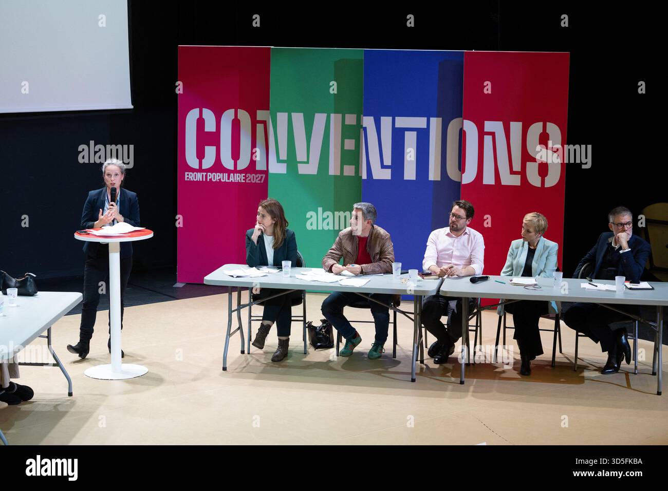 French civil servant and economist associated with the Socialist Party Lucie Castets, National secretary of French left-wing party The Ecologistes Marine Tondelier, Ecologiste et Social's MP Francois Ruffin, Ecologiste et Social's MP and Generations' coordinator, Benjamin Lucas-Lundy, Ecologiste et Social's MP Clementine Autain, French deputy and general secretary of the french socialist party Olivier Faure during a convention of the Front Populaire 2027 (Popular Front 2027), focused on education in Trappes, outside Paris on November 15, 2025. The united left, which is advocating a joint candi Stock Photo
