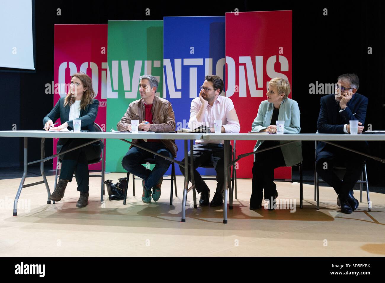 National secretary of French left-wing party The Ecologistes Marine Tondelier, Ecologiste et Social's MP Francois Ruffin, Ecologiste et Social's MP and Generations' coordinator, Benjamin Lucas-Lundy, Ecologiste et Social's MP Clementine Autain, French deputy and general secretary of the french socialist party Olivier Faure during a convention of the Front Populaire 2027 (Popular Front 2027), focused on education in Trappes, outside Paris on November 15, 2025. The united left, which is advocating a joint candidate for the 2027 presidential election, met on Saturday in Trappes to demonstrate its Stock Photo