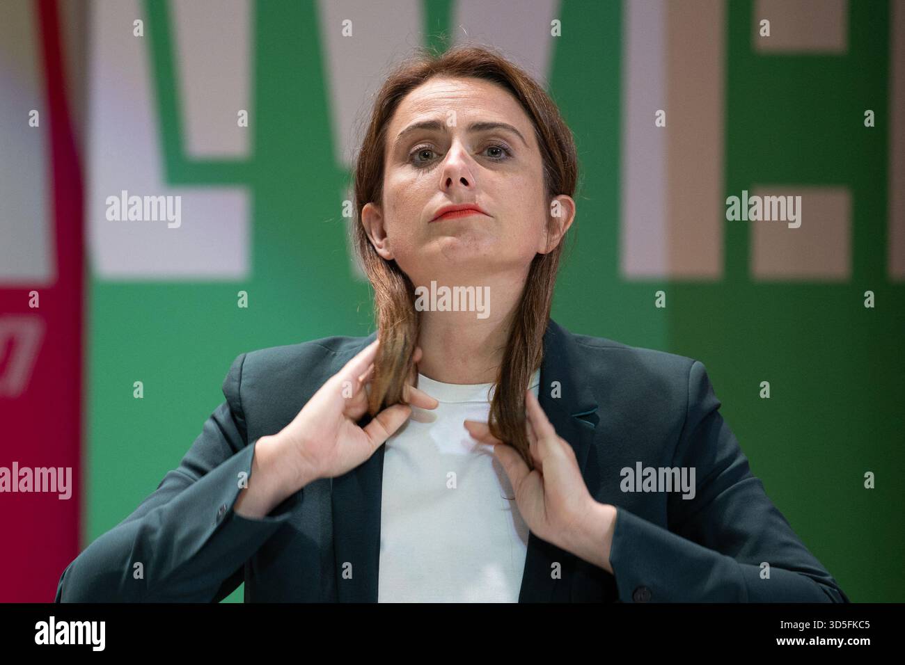 National secretary of French left-wing party The Ecologistes Marine Tondelier during a convention of the Front Populaire 2027 (Popular Front 2027), focused on education in Trappes, outside Paris on November 15, 2025. The united left, which is advocating a joint candidate for the 2027 presidential election, met on Saturday in Trappes to demonstrate its unbreakable unity in the face of the far right, announcing that a primary election would be held in 'autumn 2026'. Photo by Raphael Lafargue/ABACAPRESS.COM Stock Photo