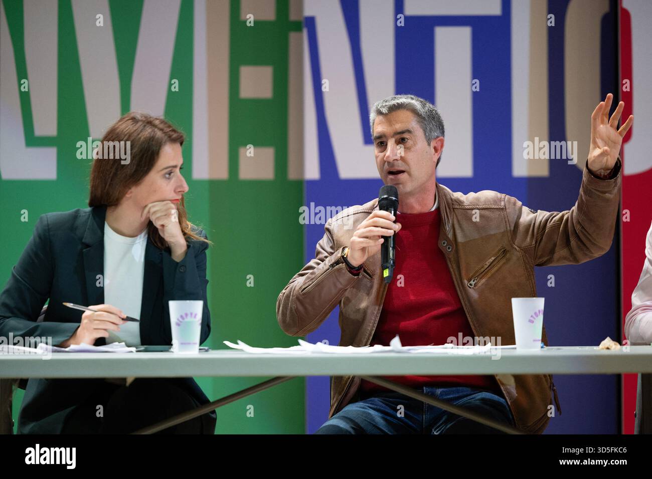 Ecologiste et Social's MP Francois Ruffin, National secretary of French left-wing party The Ecologistes Marine Tondelier during a convention of the Front Populaire 2027 (Popular Front 2027), focused on education in Trappes, outside Paris on November 15, 2025. The united left, which is advocating a joint candidate for the 2027 presidential election, met on Saturday in Trappes to demonstrate its unbreakable unity in the face of the far right, announcing that a primary election would be held in 'autumn 2026'. Photo by Raphael Lafargue/ABACAPRESS.COM Stock Photo