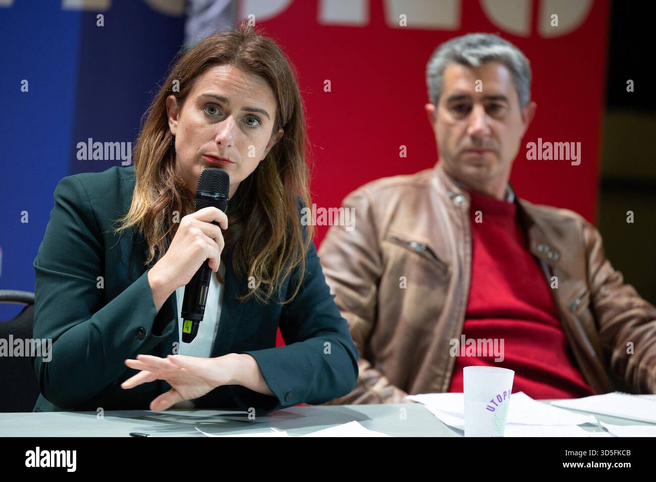 Ecologiste et Social's MP Francois Ruffin, National secretary of French left-wing party The Ecologistes Marine Tondelier during a convention of the Front Populaire 2027 (Popular Front 2027), focused on education in Trappes, outside Paris on November 15, 2025. The united left, which is advocating a joint candidate for the 2027 presidential election, met on Saturday in Trappes to demonstrate its unbreakable unity in the face of the far right, announcing that a primary election would be held in 'autumn 2026'. Photo by Raphael Lafargue/ABACAPRESS.COM Stock Photo