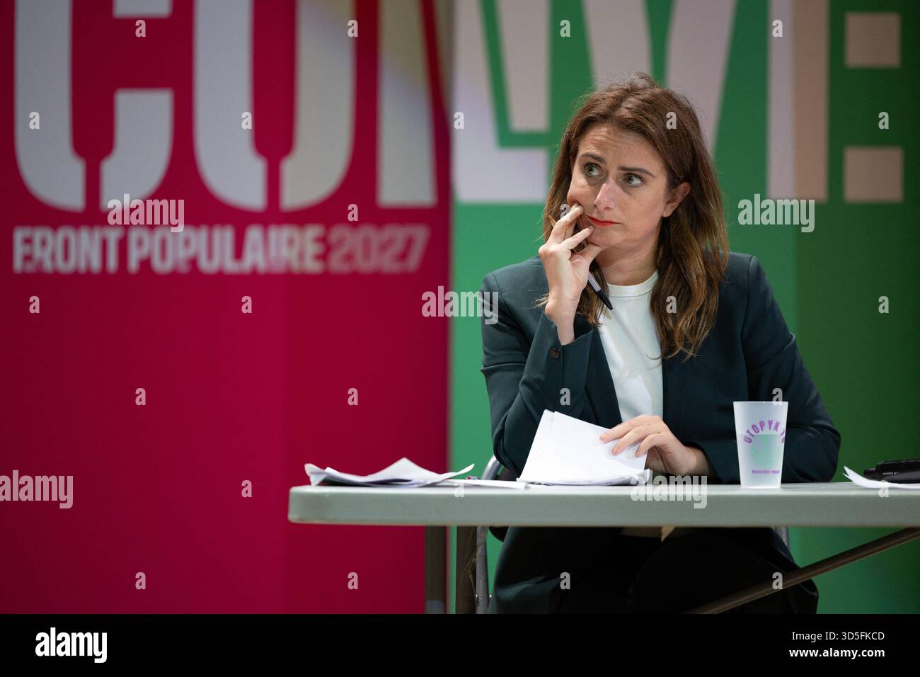 Trappes, France. 15th Nov, 2025. National secretary of French left-wing party The Ecologistes Marine Tondelier during a convention of the Front Populaire 2027 (Popular Front 2027), focused on education in Trappes, outside Paris on November 15, 2025. The united left, which is advocating a joint candidate for the 2027 presidential election, met on Saturday in Trappes to demonstrate its unbreakable unity in the face of the far right, announcing that a primary election would be held in 'autumn 2026'. Photo by Raphael Lafargue/ABACAPRESS.COM Credit: Abaca Press/Alamy Live News Stock Photo
