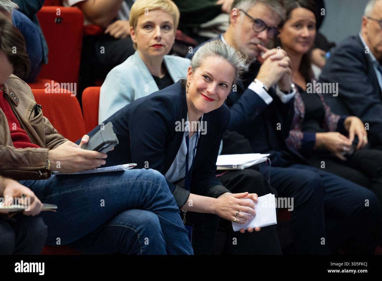 Ecologiste et Social's MP Francois Ruffin, French deputy and general secretary of the french socialist party Olivier Faure, French civil servant and economist associated with the Socialist Party Lucie Castets, Ecologiste et Social's MP Clementine Autain during a convention of the Front Populaire 2027 (Popular Front 2027), focused on education in Trappes, outside Paris on November 15, 2025. The united left, which is advocating a joint candidate for the 2027 presidential election, met on Saturday in Trappes to demonstrate its unbreakable unity in the face of the far right, announcing that a prim Stock Photo