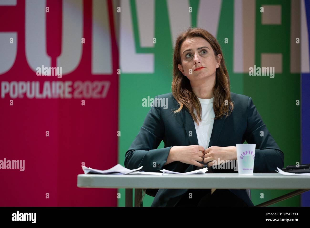 Trappes, France. 15th Nov, 2025. National secretary of French left-wing party The Ecologistes Marine Tondelier during a convention of the Front Populaire 2027 (Popular Front 2027), focused on education in Trappes, outside Paris on November 15, 2025. The united left, which is advocating a joint candidate for the 2027 presidential election, met on Saturday in Trappes to demonstrate its unbreakable unity in the face of the far right, announcing that a primary election would be held in 'autumn 2026'. Photo by Raphael Lafargue/ABACAPRESS.COM Credit: Abaca Press/Alamy Live News Stock Photo
