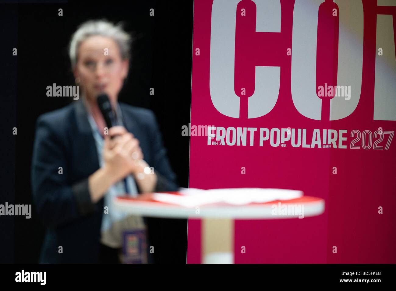 Trappes, France. 15th Nov, 2025. French civil servant and economist associated with the Socialist Party Lucie Castets during a convention of the Front Populaire 2027 (Popular Front 2027), focused on education in Trappes, outside Paris on November 15, 2025. The united left, which is advocating a joint candidate for the 2027 presidential election, met on Saturday in Trappes to demonstrate its unbreakable unity in the face of the far right, announcing that a primary election would be held in 'autumn 2026'. Photo by Raphael Lafargue/ABACAPRESS.COM Credit: Abaca Press/Alamy Live News Stock Photo