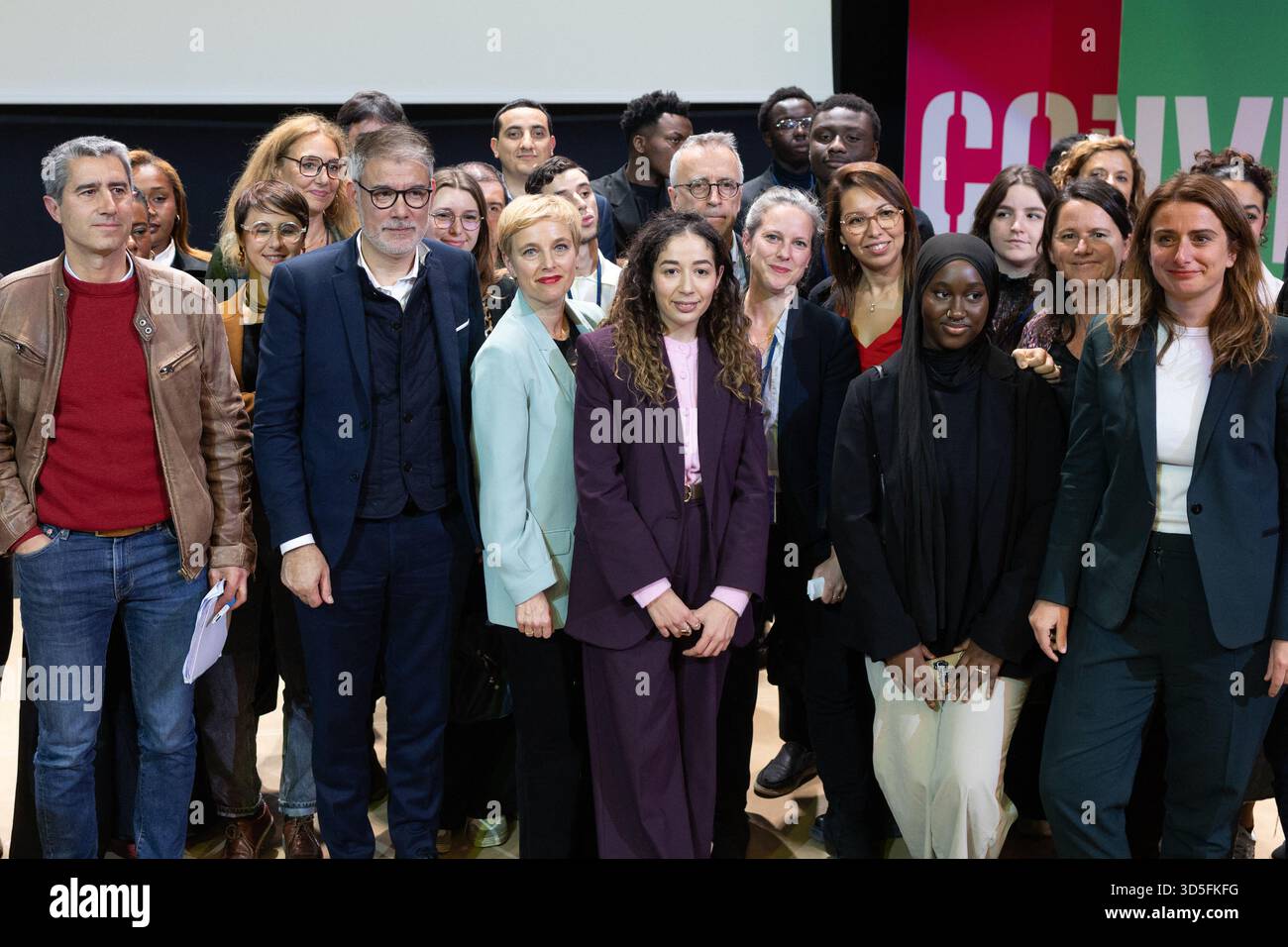 French civil servant and economist associated with the Socialist Party Lucie Castets, National secretary of French left-wing party The Ecologistes Marine Tondelier, Ecologiste et Social's MP Francois Ruffin, Ecologiste et Social's MP and Generations' coordinator, Benjamin Lucas-Lundy, Ecologiste et Social's MP Clementine Autain, French deputy and general secretary of the french socialist party Olivier Faure during a convention of the Front Populaire 2027 (Popular Front 2027), focused on education in Trappes, outside Paris on November 15, 2025. The united left, which is advocating a joint candi Stock Photo