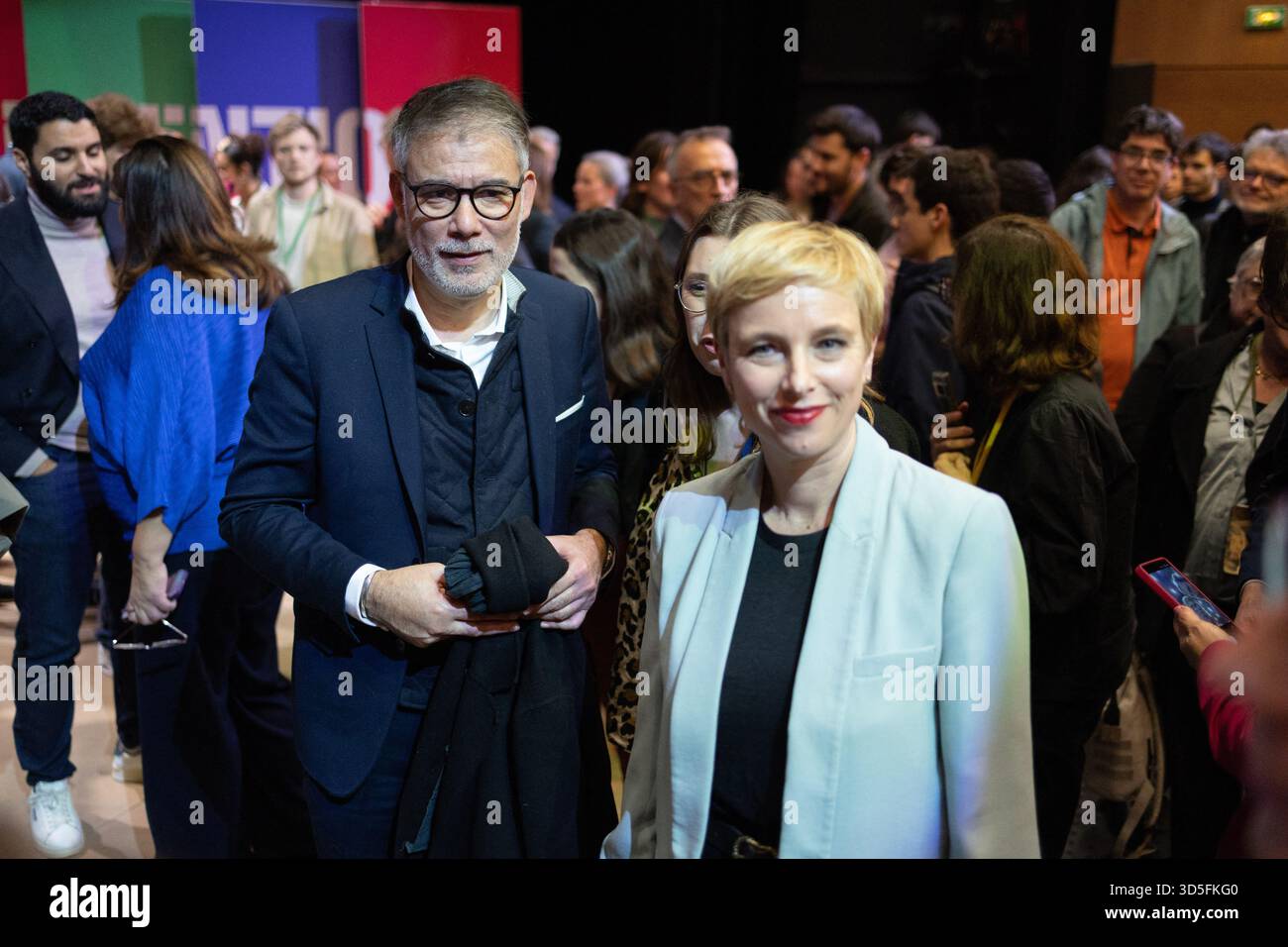 French deputy and general secretary of the french socialist party Olivier Faure sings with Ecologiste et Social's MP Clementine Autain during a convention of the Front Populaire 2027 (Popular Front 2027), focused on education in Trappes, outside Paris on November 15, 2025. The united left, which is advocating a joint candidate for the 2027 presidential election, met on Saturday in Trappes to demonstrate its unbreakable unity in the face of the far right, announcing that a primary election would be held in 'autumn 2026'. Photo by Raphael Lafargue/ABACAPRESS.COM Stock Photo