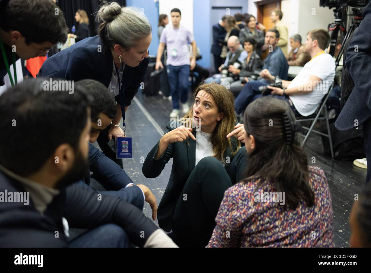 National secretary of French left-wing party The Ecologistes Marine Tondelier, French civil servant and economist associated with the Socialist Party Lucie Castets during a convention of the Front Populaire 2027 (Popular Front 2027), focused on education in Trappes, outside Paris on November 15, 2025. The united left, which is advocating a joint candidate for the 2027 presidential election, met on Saturday in Trappes to demonstrate its unbreakable unity in the face of the far right, announcing that a primary election would be held in 'autumn 2026'. Photo by Raphael Lafargue/ABACAPRESS.COM Stock Photo