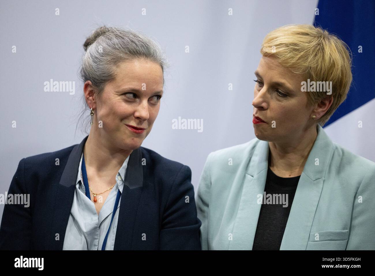 French civil servant and economist associated with the Socialist Party Lucie Castets, Ecologiste et Social's MP Clementine Autain during a convention of the Front Populaire 2027 (Popular Front 2027), focused on education in Trappes, outside Paris on November 15, 2025. The united left, which is advocating a joint candidate for the 2027 presidential election, met on Saturday in Trappes to demonstrate its unbreakable unity in the face of the far right, announcing that a primary election would be held in 'autumn 2026'. Photo by Raphael Lafargue/ABACAPRESS.COM Stock Photo