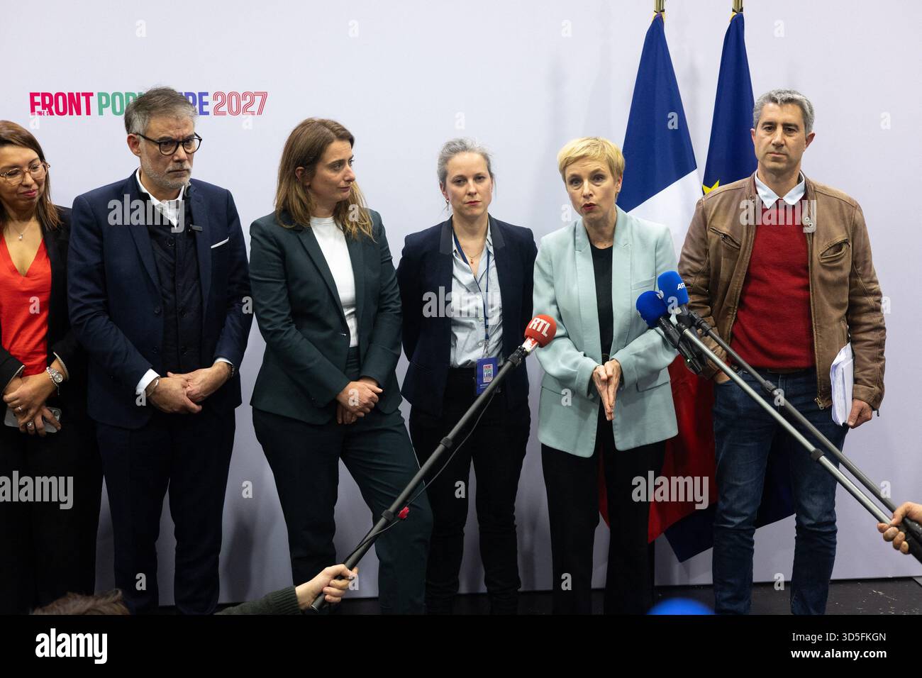 French civil servant and economist associated with the Socialist Party Lucie Castets, National secretary of French left-wing party The Ecologistes Marine Tondelier, Ecologiste et Social's MP Francois Ruffin, Ecologiste et Social's MP Clementine Autain, French deputy and general secretary of the french socialist party Olivier Faure speaks to the press during a convention of the Front Populaire 2027 (Popular Front 2027), focused on education in Trappes, outside Paris on November 15, 2025. The united left, which is advocating a joint candidate for the 2027 presidential election, met on Saturday i Stock Photo