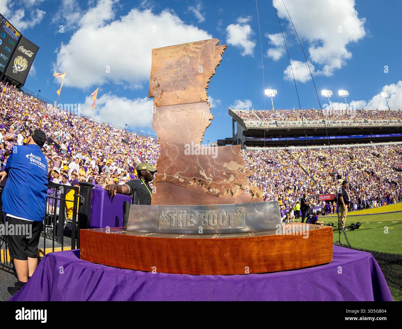 BATON ROUGE, LA - NOVEMBER 15: The Boot Trophy sits in the end zone ...