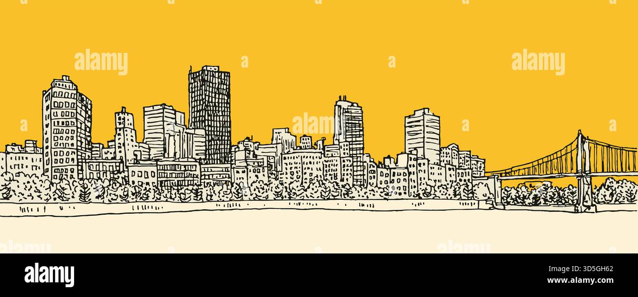 A city skyline with a bridge in the background. The city is shown in a very stylized way, with buildings and trees drawn in a very detailed Stock Vector