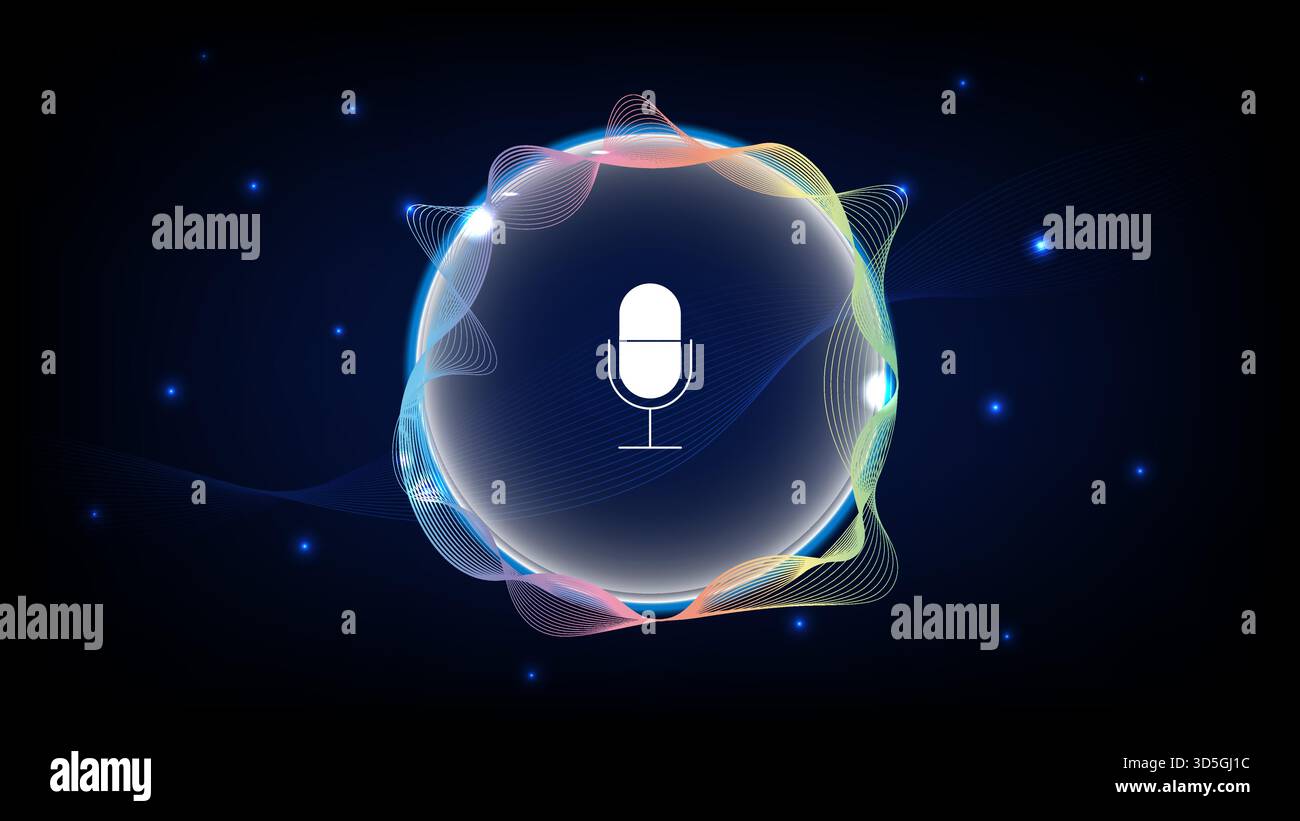 Modern microphone icon inside a glowing circular frame with vibrant sound waves on a dark digital background, vector illustration Stock Vector